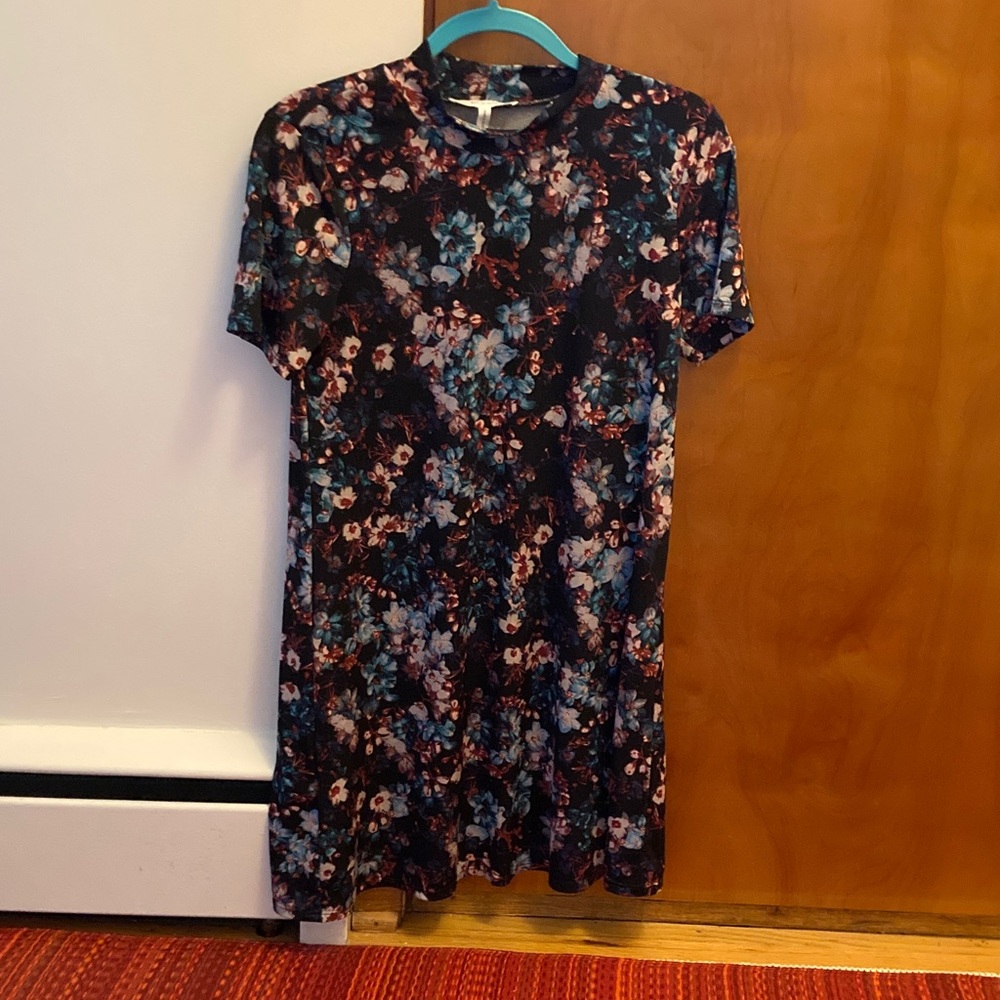 BCBGeneration Floral Short Sleeve Dress in black with Teal & Pink Accents